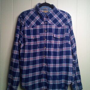 Jachs Girlfriend Shirt L Pearl Snap Roll Tab Long Sleeve Flannel Blue Red